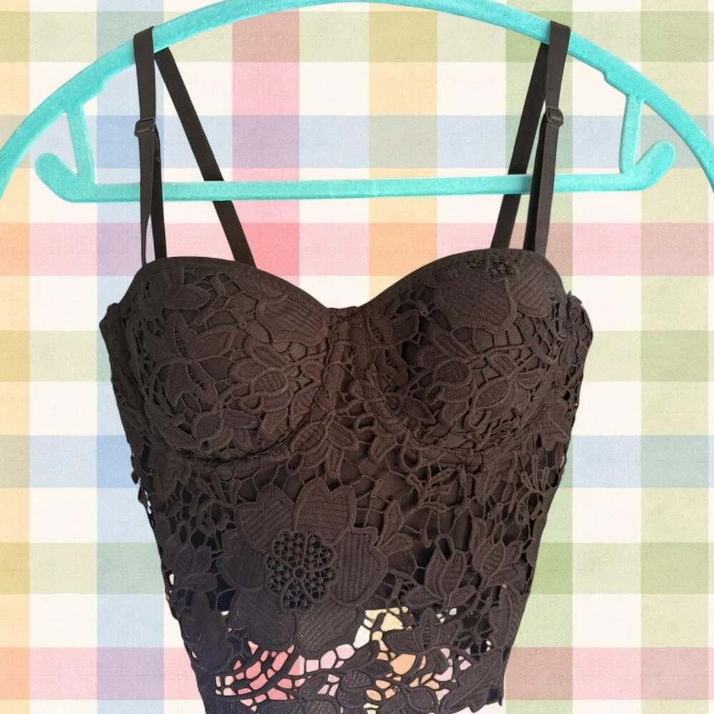 Black Floral Lace Corset Top Adjustable Straps
